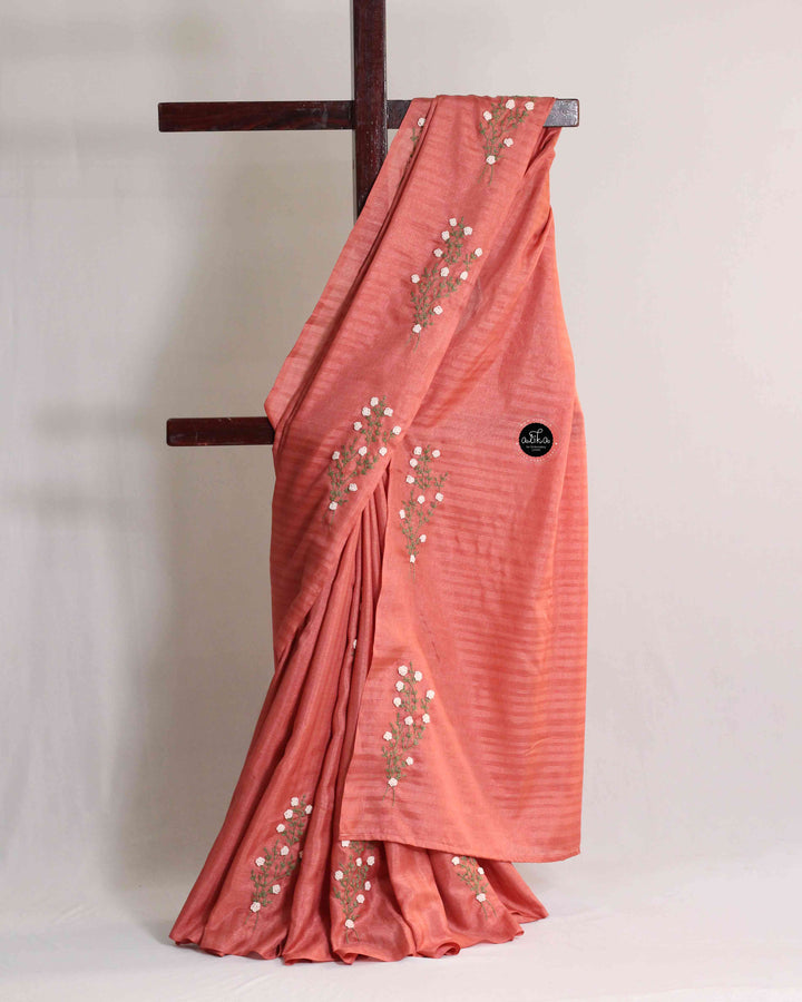 Brick Red Semi Silk Saree with Floral Hand Embroidery