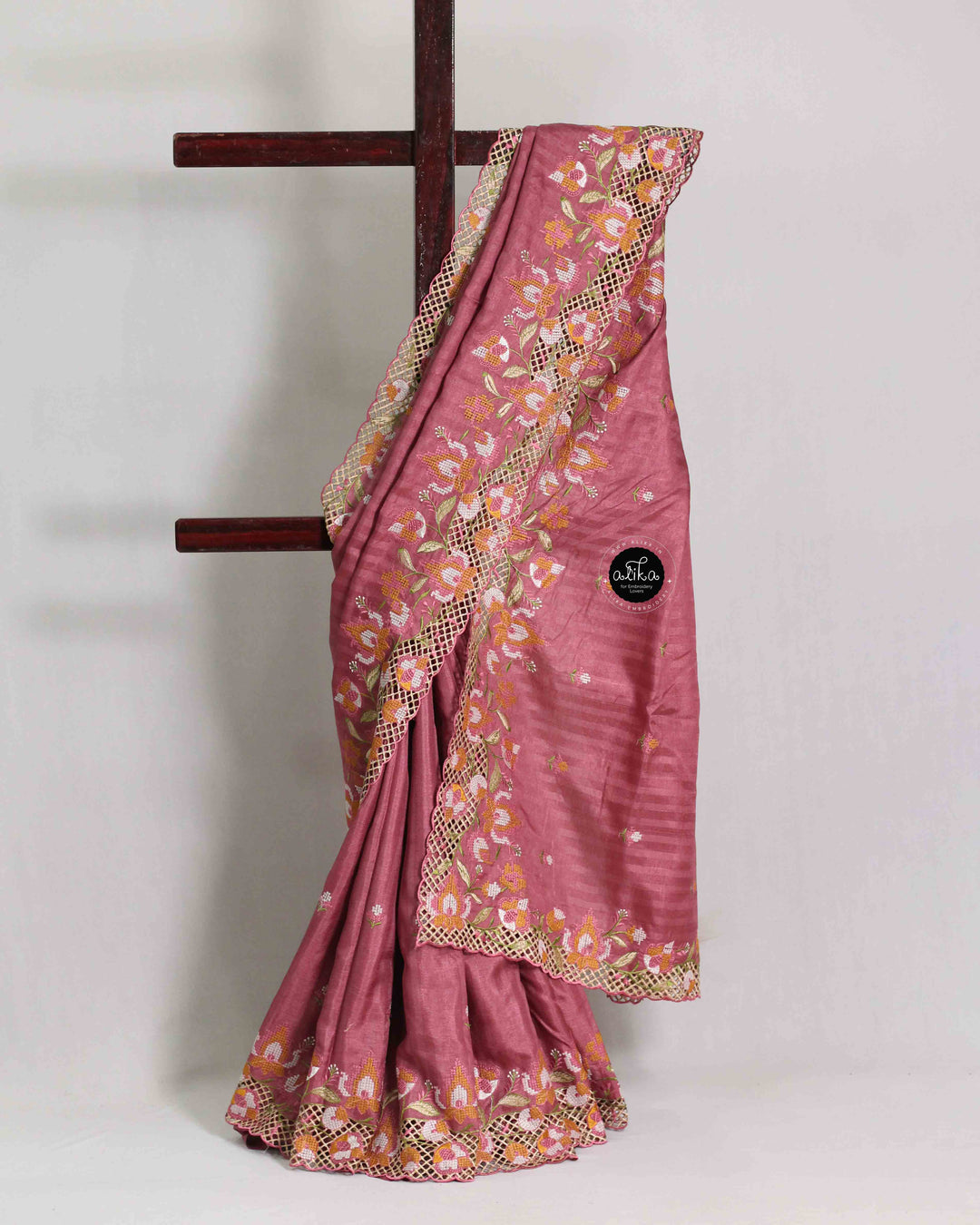 Light Maroon Semi Silk Saree with Floral Cutwork Border