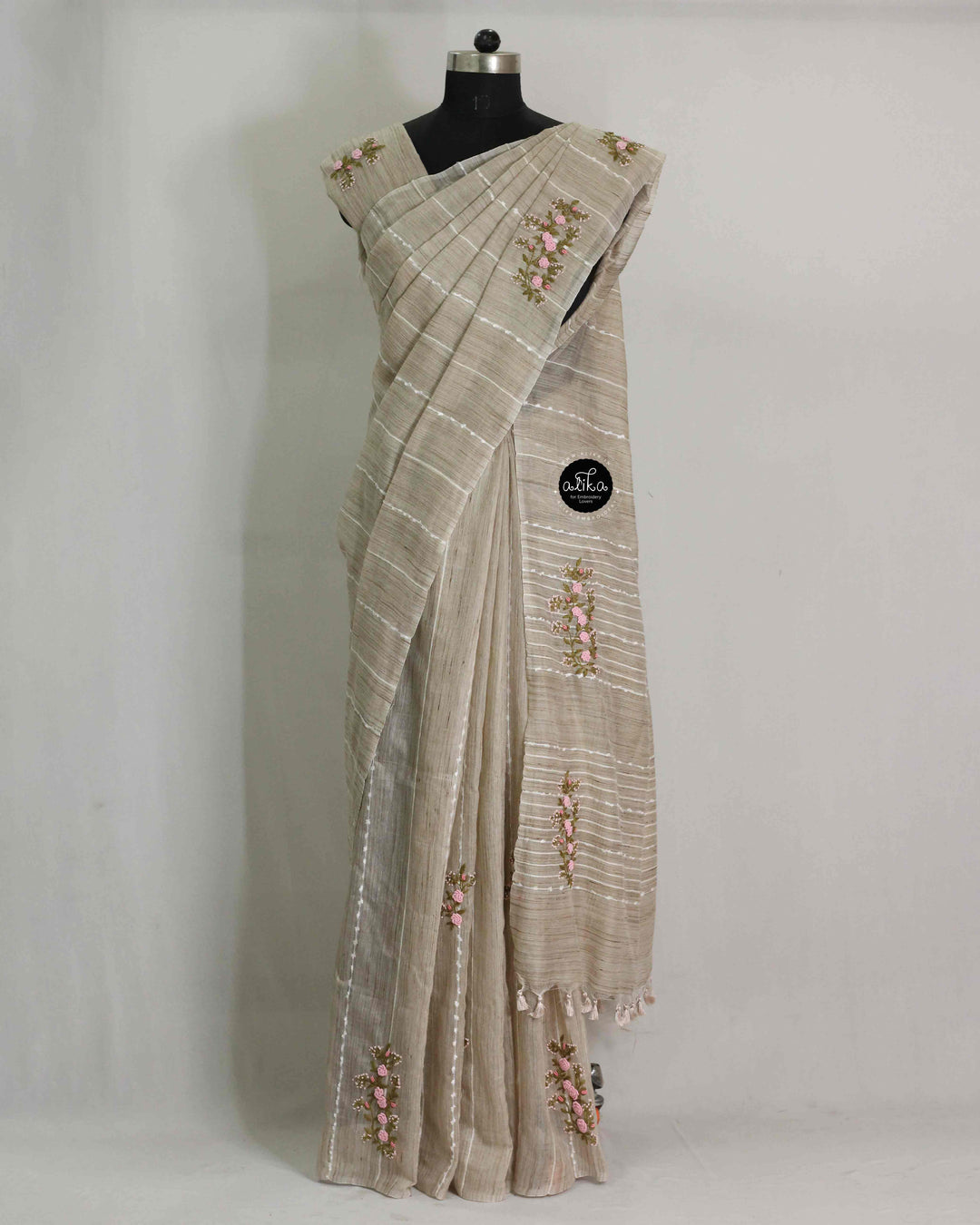 Champagne Beige Bamboo Silk Saree with Floral Hand Embroidery