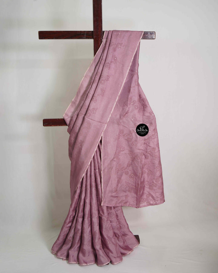 Mauve Crispy Georgette Saree with Floral Machine Embroidery &amp; Sequin Work