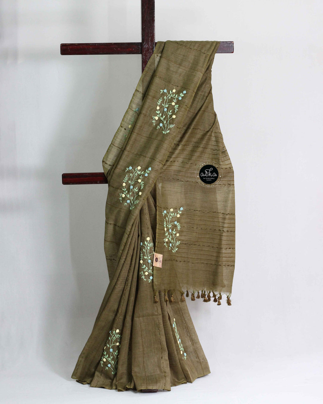 Olive Green Bamboo Silk Saree with Floral Hand Embroidery