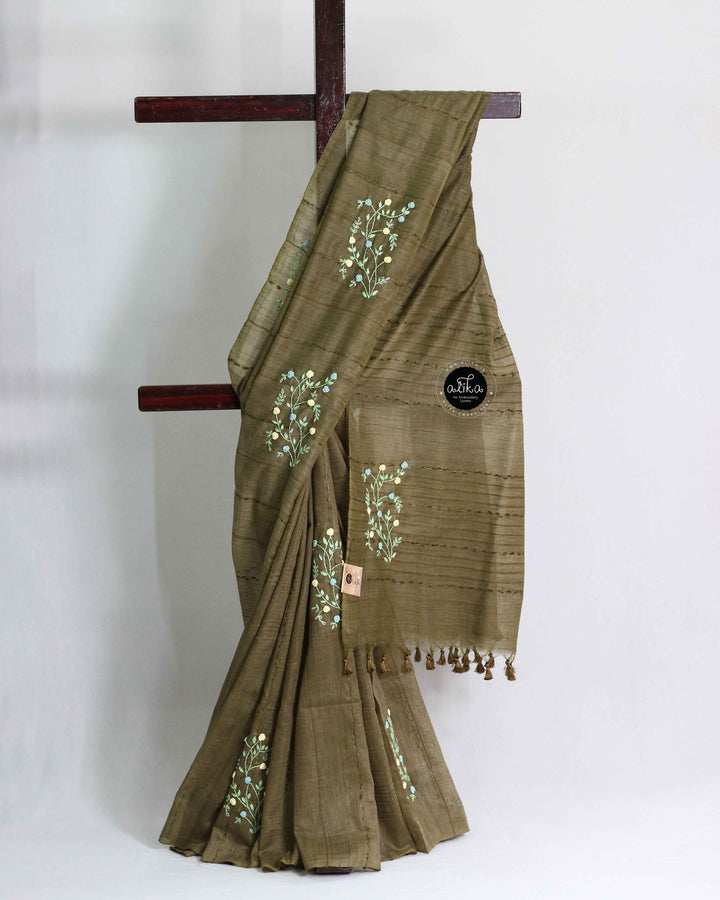 Olive Green Bamboo Silk Saree with Floral Hand Embroidery
