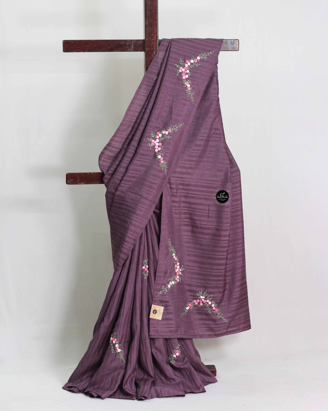 Dark Purple Semi Silk Saree with Floral Hand Embroidery