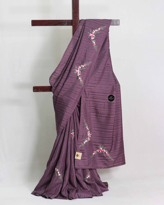 Dark Purple Semi Silk Saree with Floral Hand Embroidery