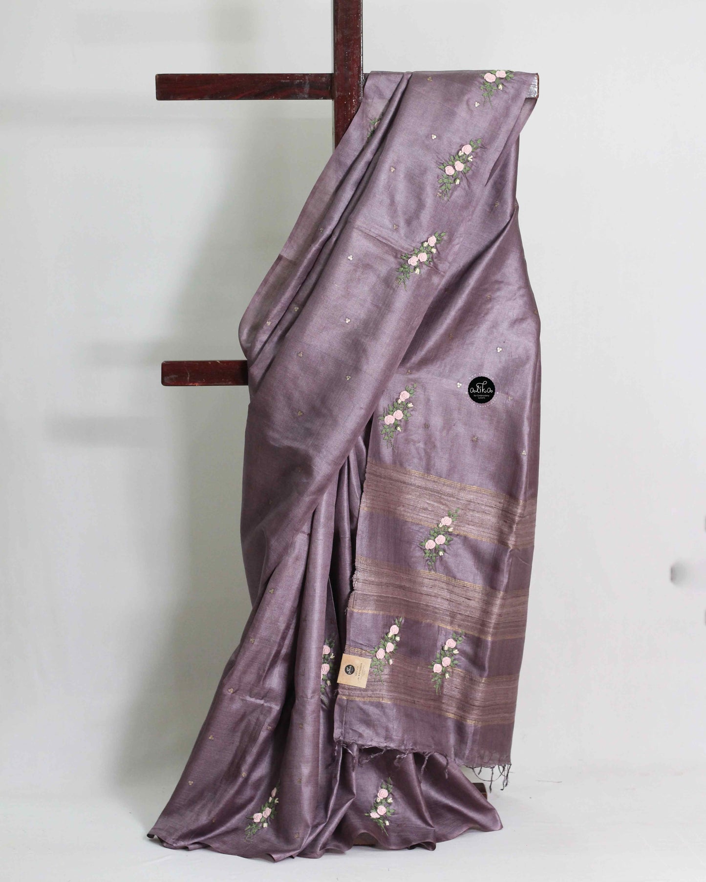Purple Mauve Tussar Silk Saree with Floral Hand Embroidery