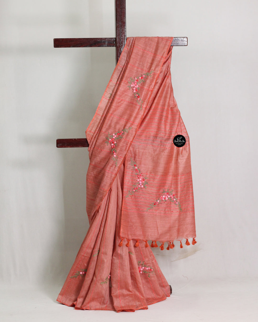 Dusty Orange Bamboo Silk Saree with Floral Hand Embroidery