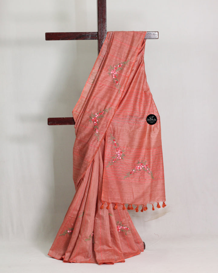Dusty Orange Bamboo Silk Saree with Floral Hand Embroidery