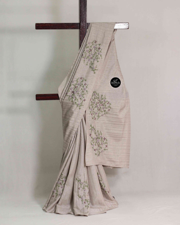 Gray Designer Silk Saree with Floral Hand Embroidery