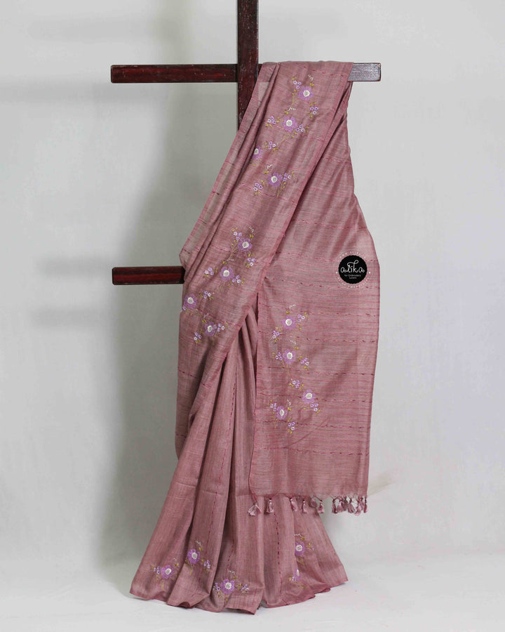 Mauve Semi Linen Saree with Floral Machine Embroidery