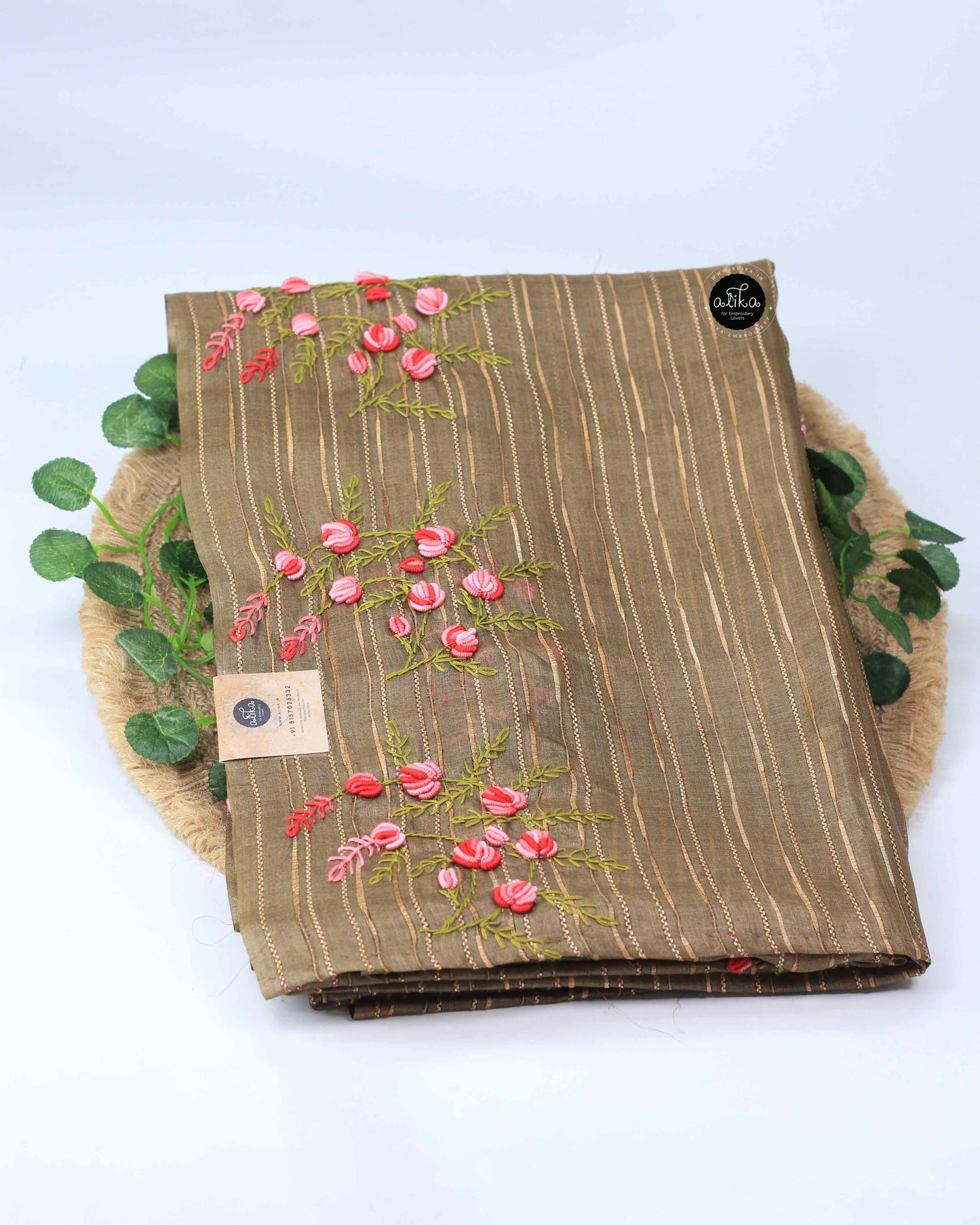 Caramel Brown Tussar Silk Saree with Floral Hand Embroidery