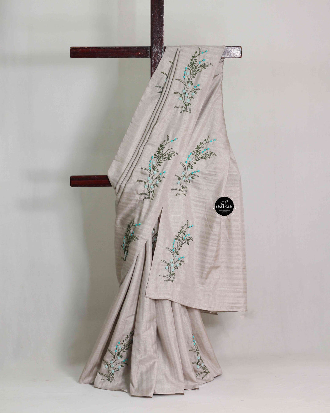 Light Gray Designer Silk Saree with Floral Hand Embroidery