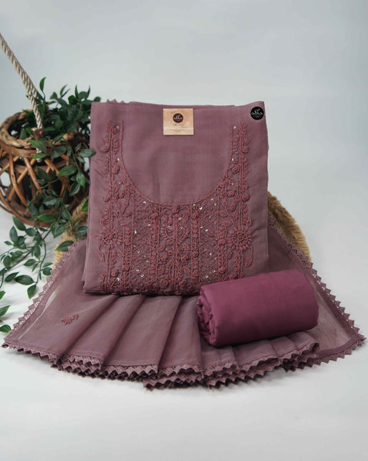 Mauve Chanderi Unstitched Salwar Set with Floral Hand Embroidery