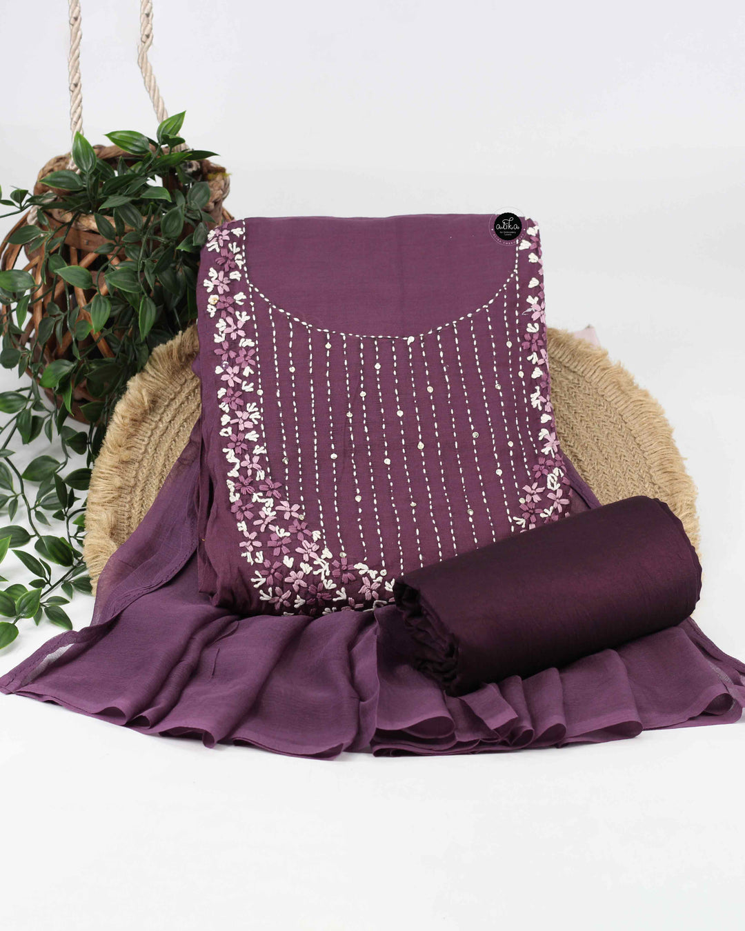Dark Purple Semi-Silk Unstitched Salwar Set with Floral Hand Embroidery &amp; Sequins