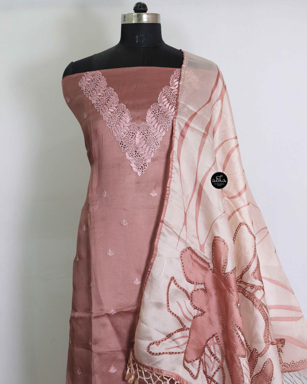 Onion Pink Floral Cutwork Semi Silk Unstitched Salwar Set with Machine Embroidery And cutwork