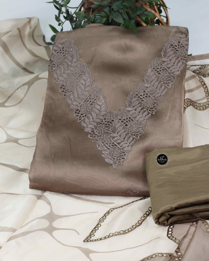Olive Brown Floral Cutwork Semi Silk Unstitched Salwar Set with Machine Embroidery