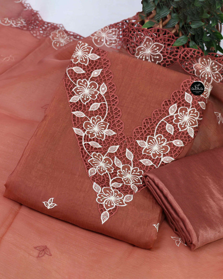 Rust Brown Organza Unstitched Salwar Set with Floral Twine Cutwork