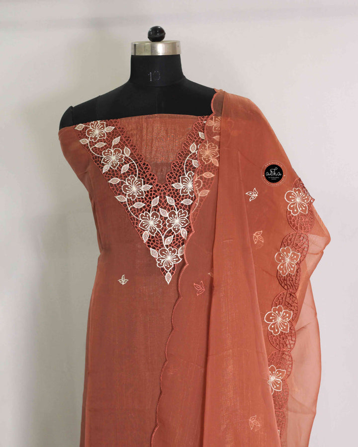 Rust Brown Organza Unstitched Salwar Set with Floral Twine Cutwork