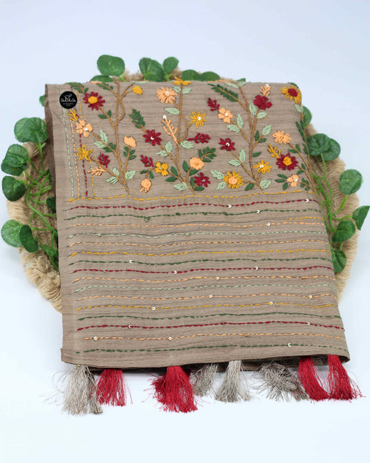 Dark Beige Semi Silk Saree with Floral Hand Embroidery & Sequin Work