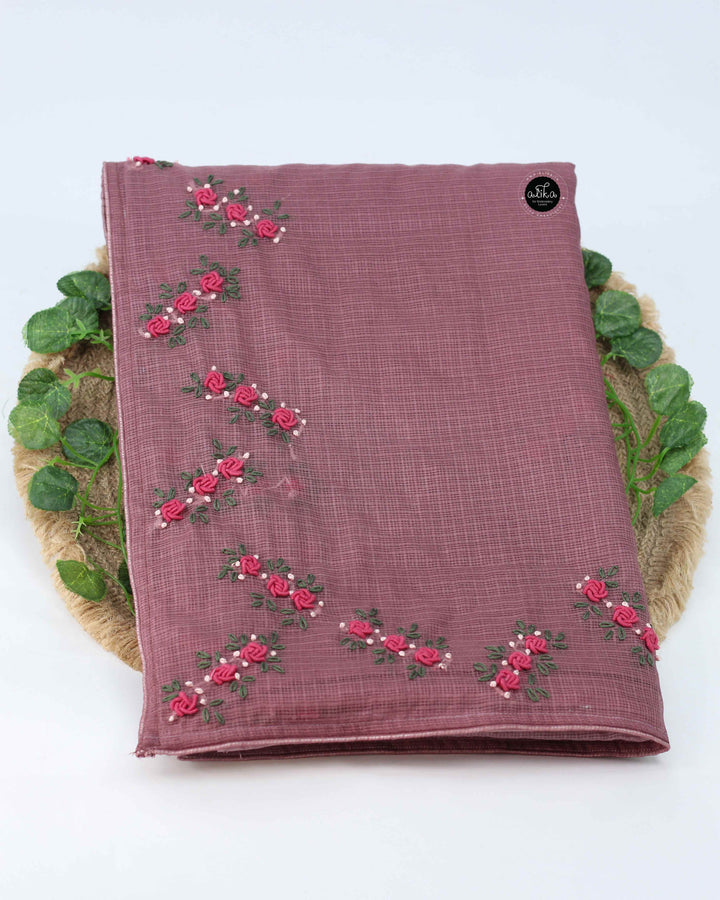 Brown Double Shaded Silky Kota Saree with Floral Hand Embroidery