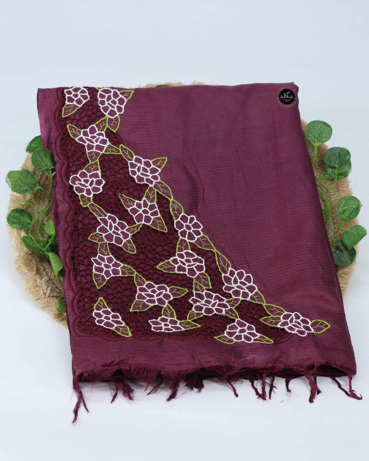Dark Coffee Brown Semi Tussar Silk Saree with Floral Cutwork