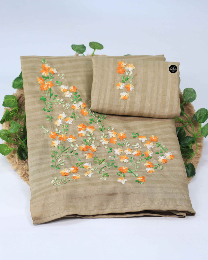 Dark Beige Semi Silk Saree with Floral Hand Embroidery