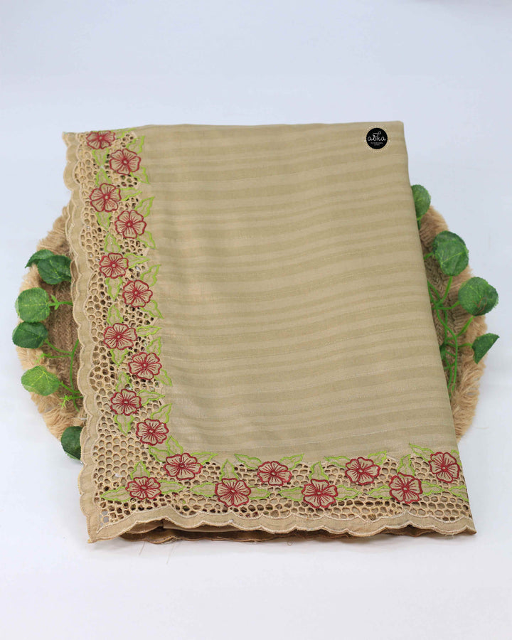 Tan Beige Semi Silk Saree with Floral Full Border Cutwork