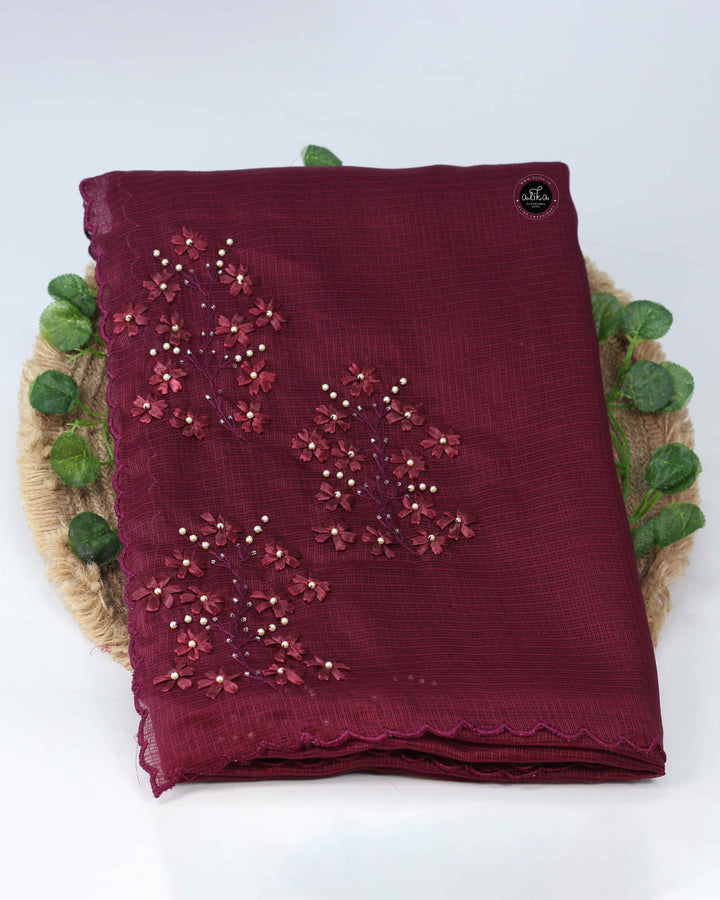 Wine Colour Silky Kota Saree with Floral Ribbon Embroidery