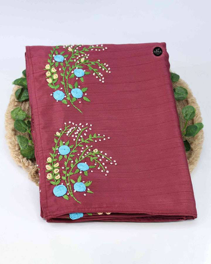 Maroon Semi Silk Saree with Floral Hand Embroidery –