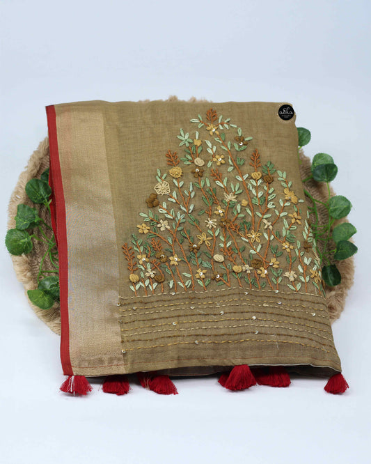Golden Yellow Tissue Linen Saree with Floral Hand Embroidery – Luxury Wear