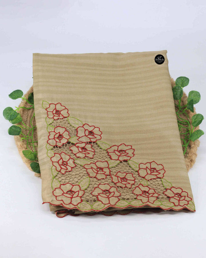 Dark Beige Semi Silk Saree with Floral Twine Cutwork