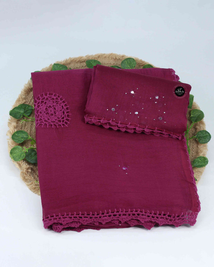 Magenta Purple Kota Doria Saree with Crochet Detailing and Mirror Work