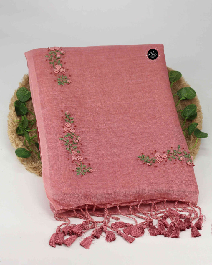 Dusty Rose Pink Linen Saree with Bullion Embroidery