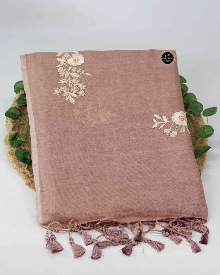 Dusty Mauve Pure Linen Saree with Floral Embroidery