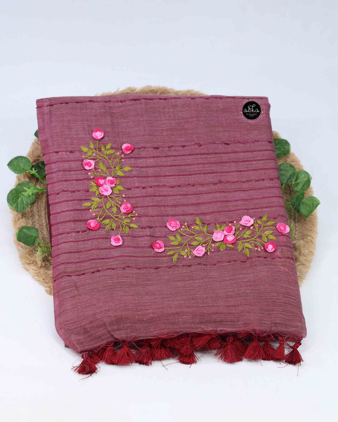 Mauve Semi Linen Saree with Floral Hand Embroidery