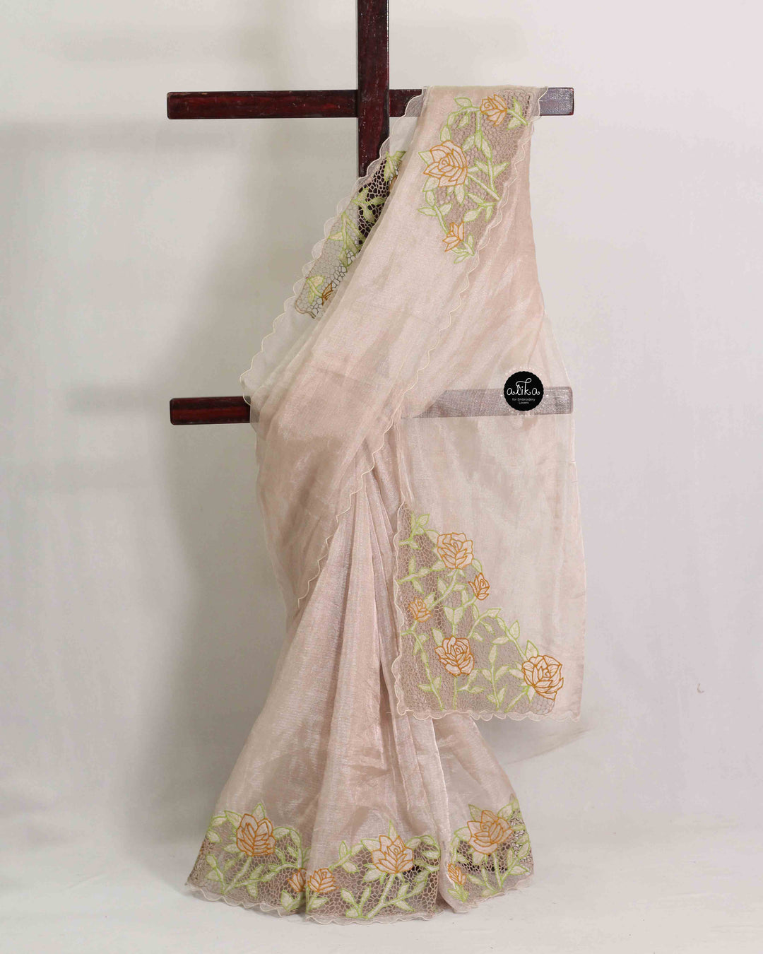 Champagne Beige Pure Tissue Saree with Floral Twine Cutwork