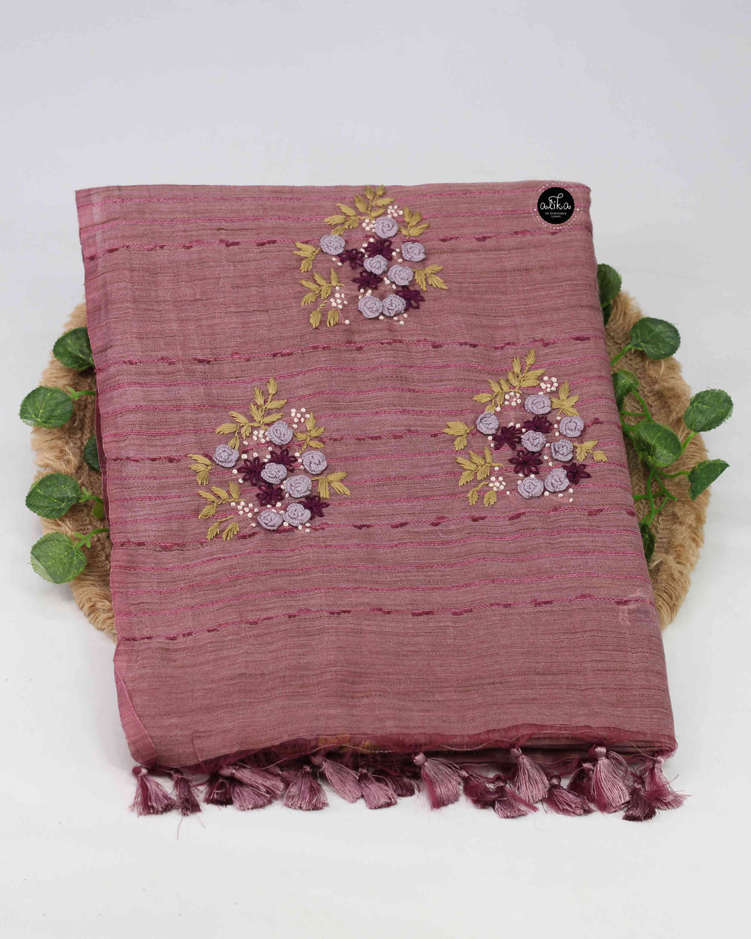 Mauve Semi Linen Saree with Floral Hand Embroidery