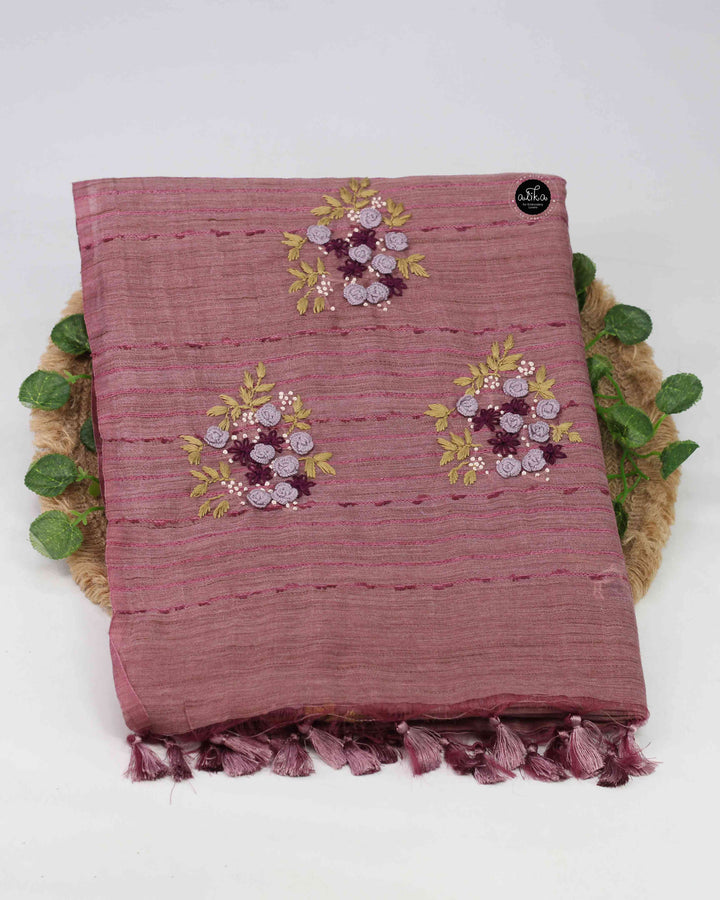 Mauve Semi Linen Saree with Floral Hand Embroidery