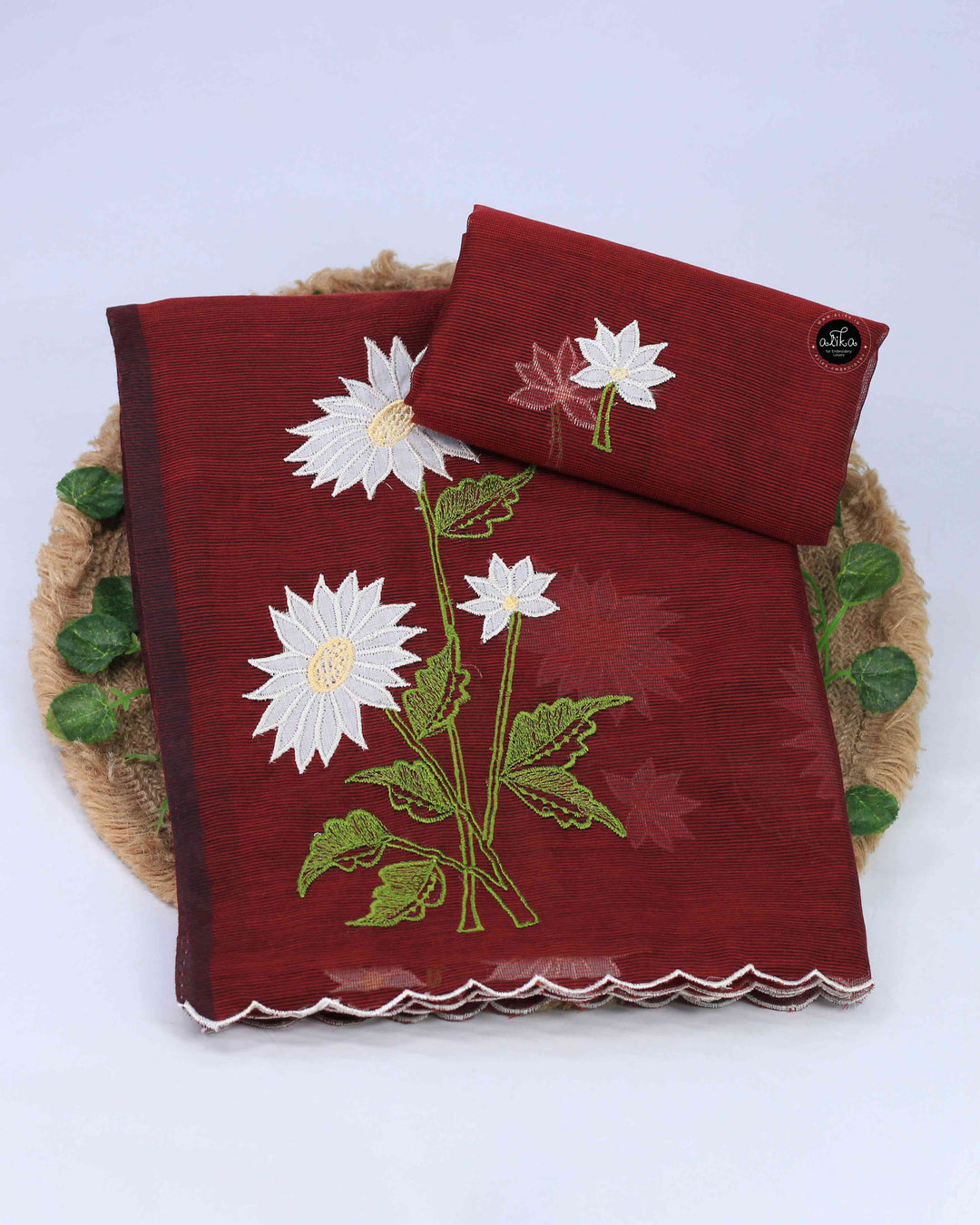 Maroon Kota Saree with Floral Appliqué Work