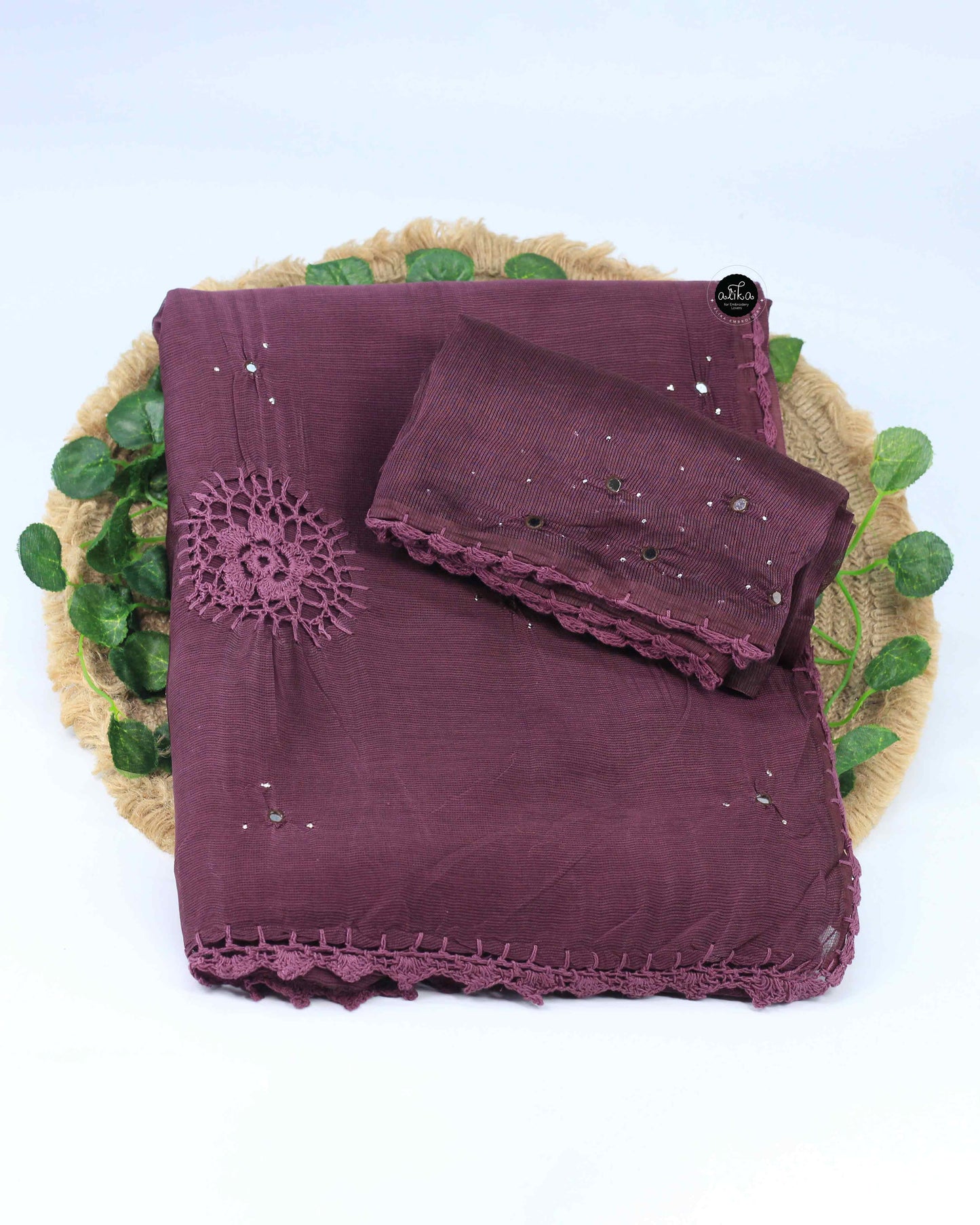 Mauve Kota Doria Saree with Mirror Work | Handcrafted Ethnic Wear