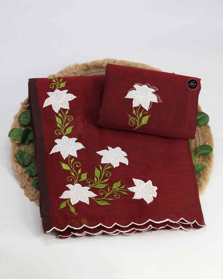 Maroon Silky Kota Saree with Floral Appliqué Work