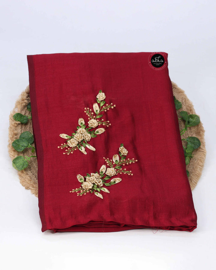 Maroon Designer Silk Saree with Golden Floral Ribbon Work