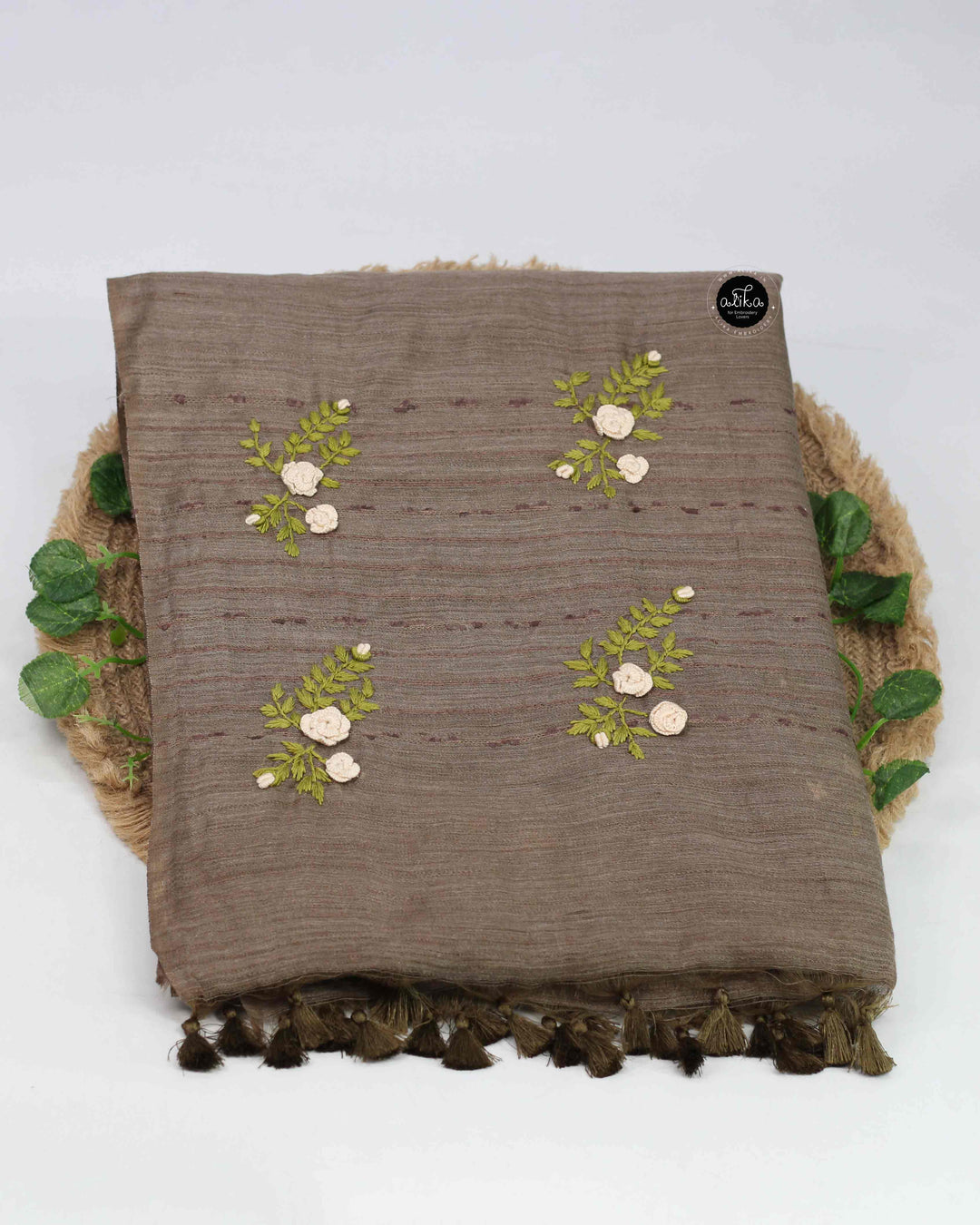 Olive Brown Bamboo Silk Saree with Floral Hand Embroidery