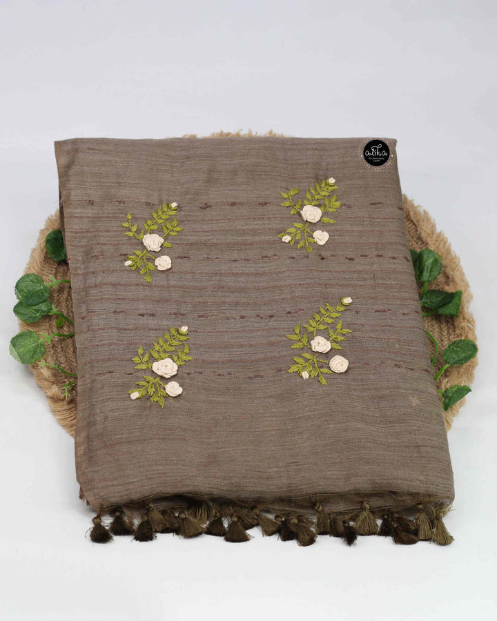 Olive Brown Bamboo Silk Saree with Floral Hand Embroidery