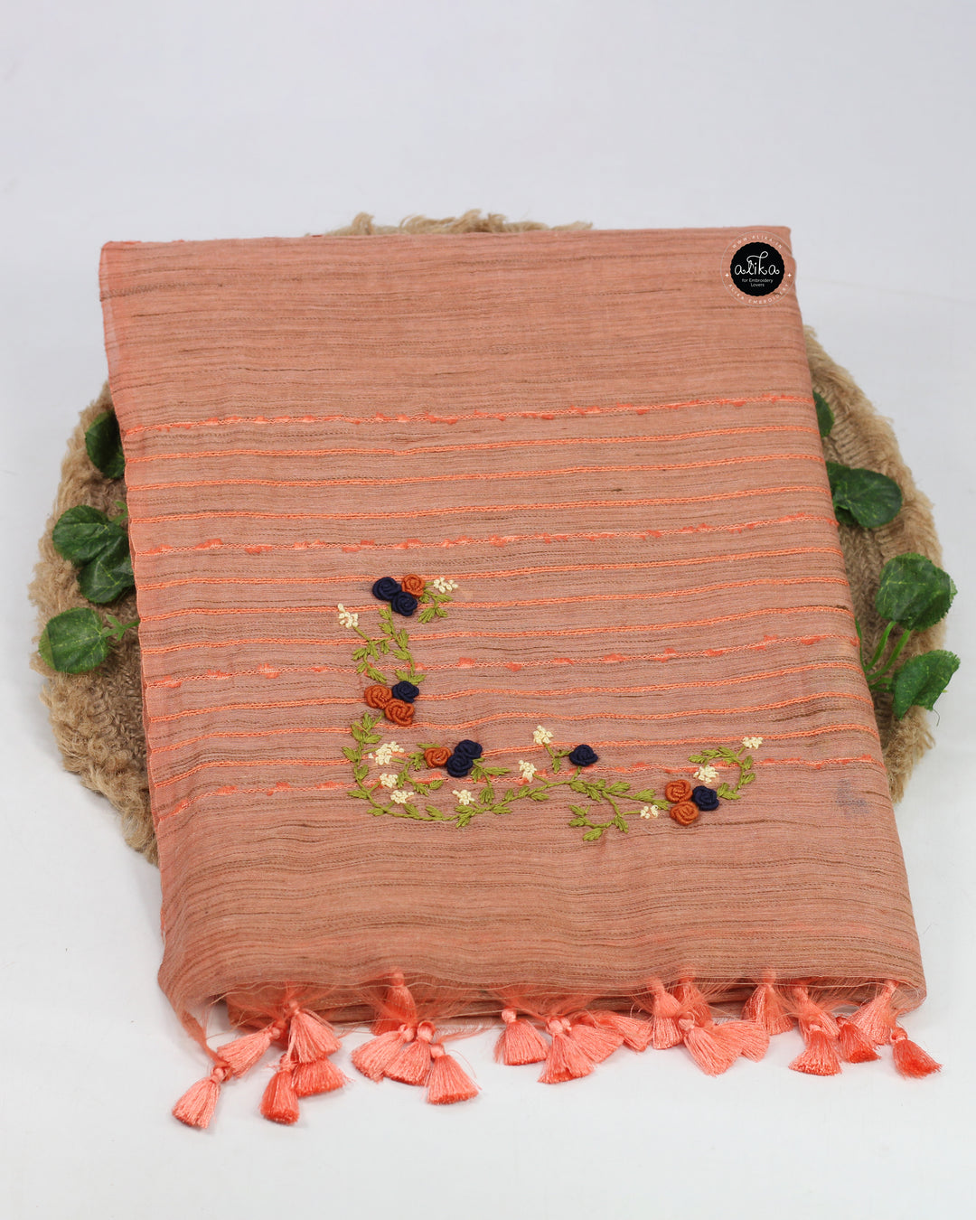 Dusty Orange Bamboo Silk Saree with Floral Hand Embroidery