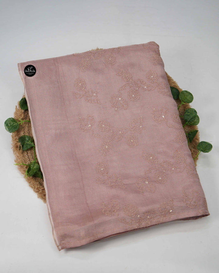 Light Brown Crispy Georgette Saree with Floral Machine Embroidery &amp; Sequin Work