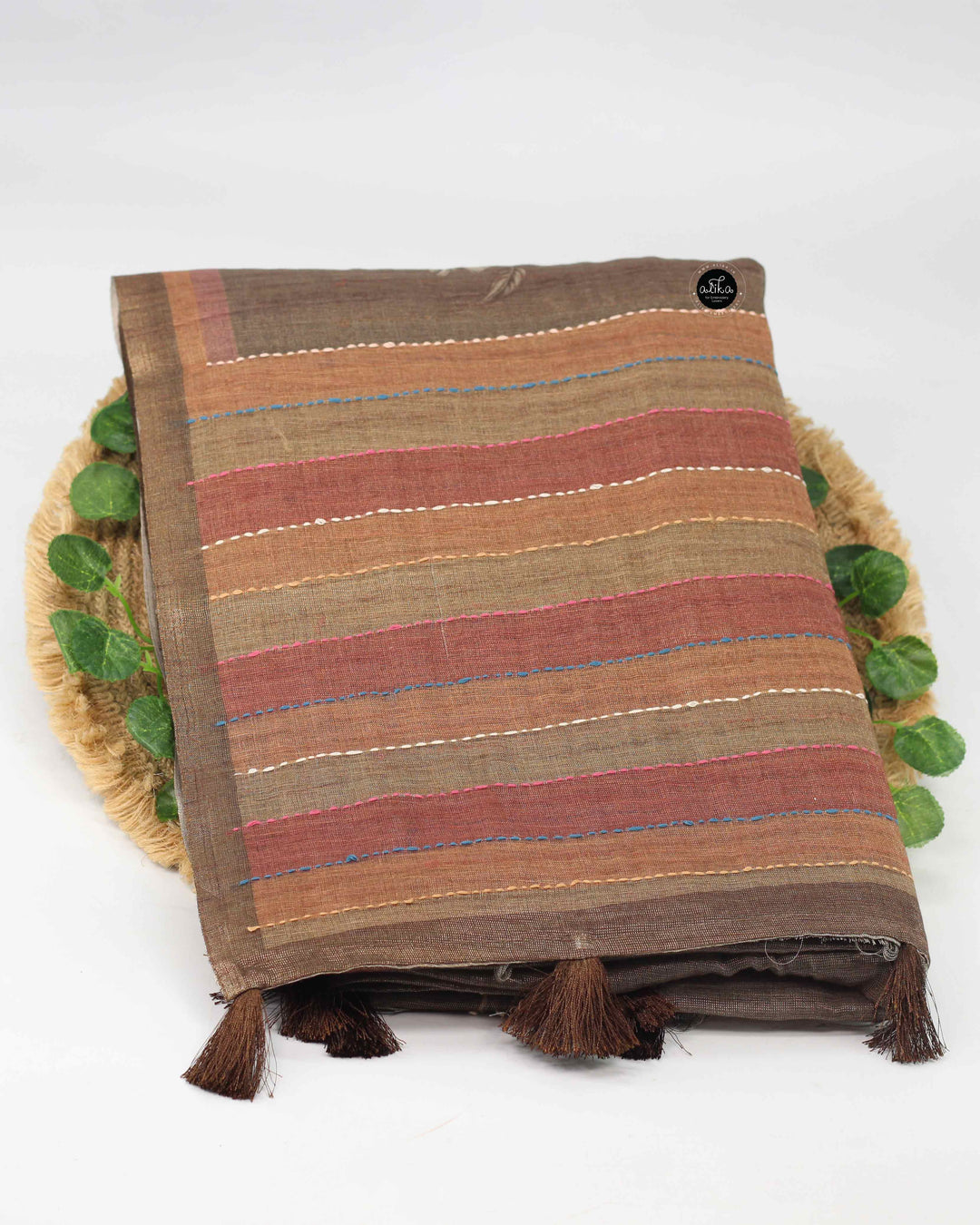 Brown Linen Tissue Saree with Floral Prints &amp; Kantha Work