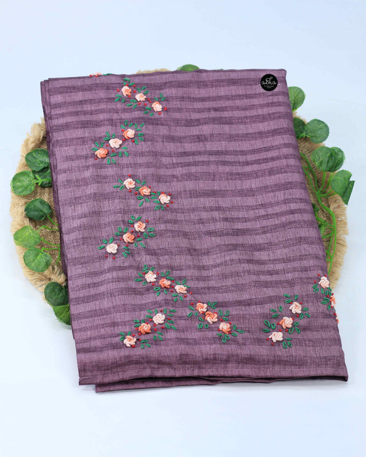 Purple Semi Silk Kota Saree with Floral Hand Embroidery