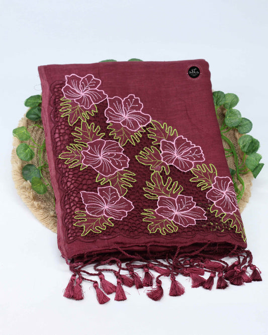 Dark Coffee Brown Pure Linen Saree with Floral Twine Cutwork