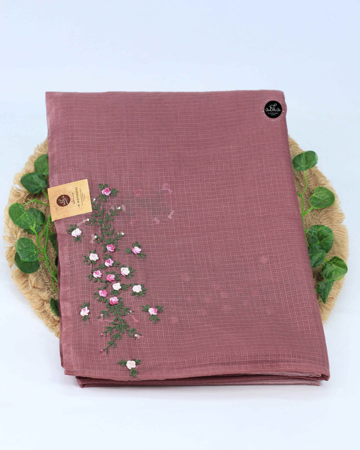 Double Shaded Silky Kota Saree with Floral Hand Embroidery