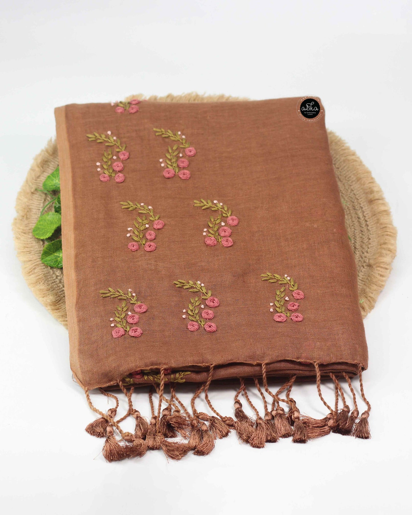 Coffee Brown Pure Linen Saree with Floral Hand Embroidery